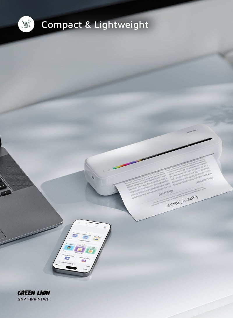 Portable Thermal Printer with 300 DPI Resolution / Inkless Printing / A4 Format Support / Fast Printing / Bluetooth Thermal Printer - White