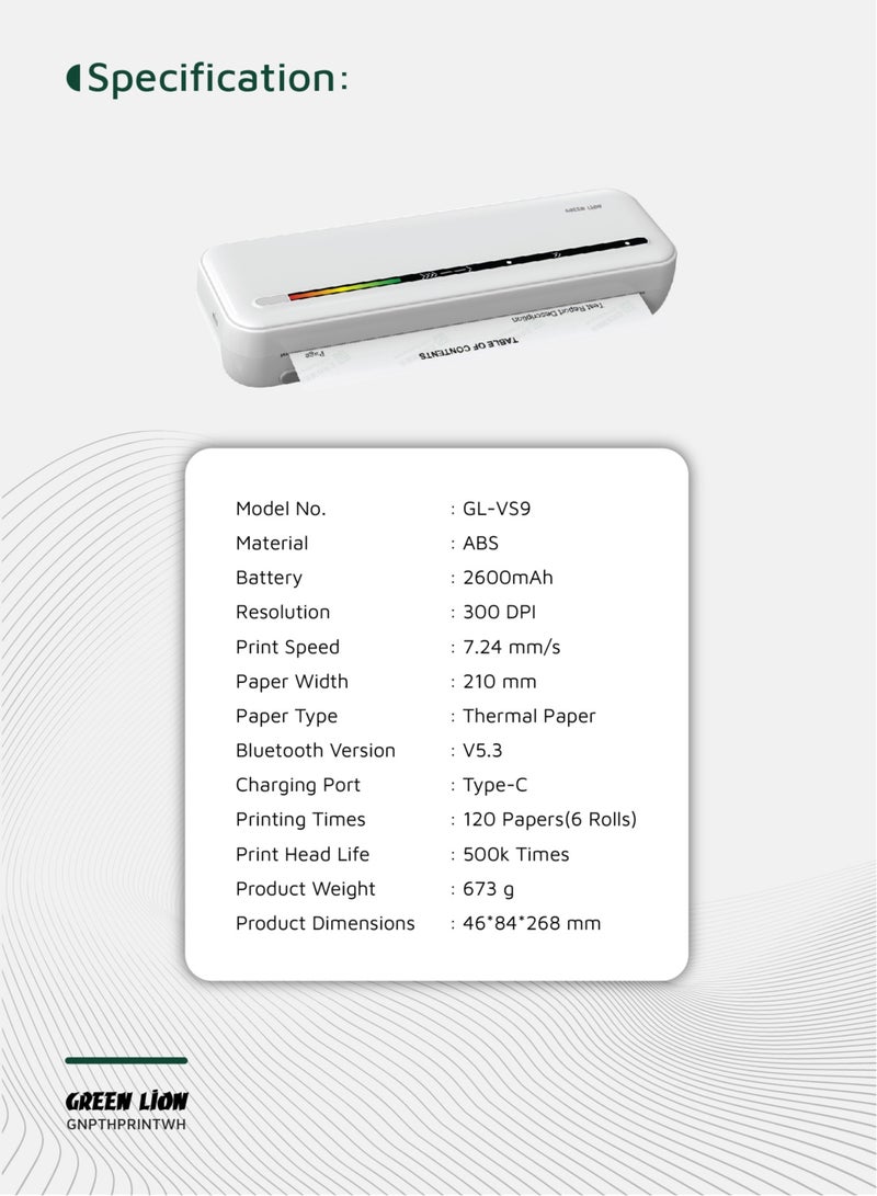 Portable Thermal Printer with 300 DPI Resolution / Inkless Printing / A4 Format Support / Fast Printing / Bluetooth Thermal Printer - White