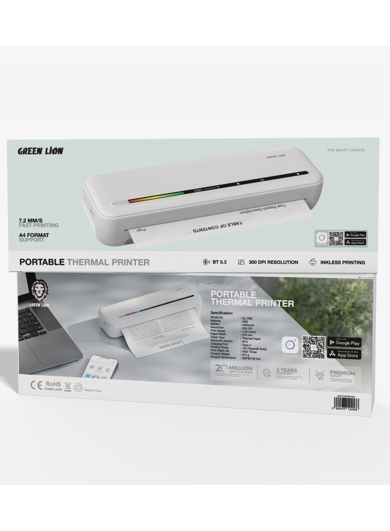 Portable Thermal Printer with 300 DPI Resolution / Inkless Printing / A4 Format Support / Fast Printing / Bluetooth Thermal Printer - White