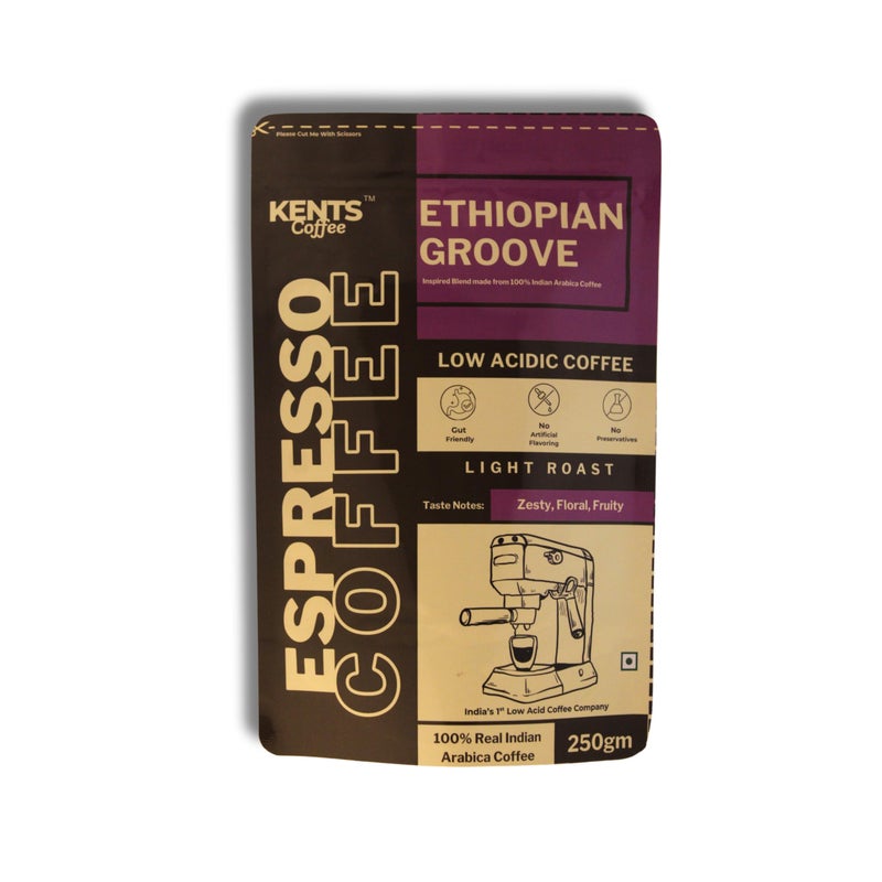 Kents Coffee قهوة كينتس الإثيوبية جروف | طحن إسبريسو | لاذع، زهري، فاكهي | تحميص خفيف | حموضة منخفضة، ناعمة وغير مرة إسبريسو (250 جرام) - Image 1