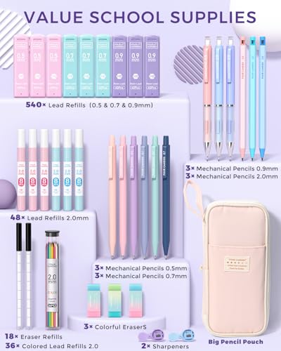 Four Candies 36PCS Aesthetic School Supplies, Mechanical Pencils 0.5mm, 0.7mm, 0.9mm & 2.0mm with 624PCS Lead Refills, Cute Mechanical Pencils for Writing, Drawing & Drafting (Pink) - Image 5