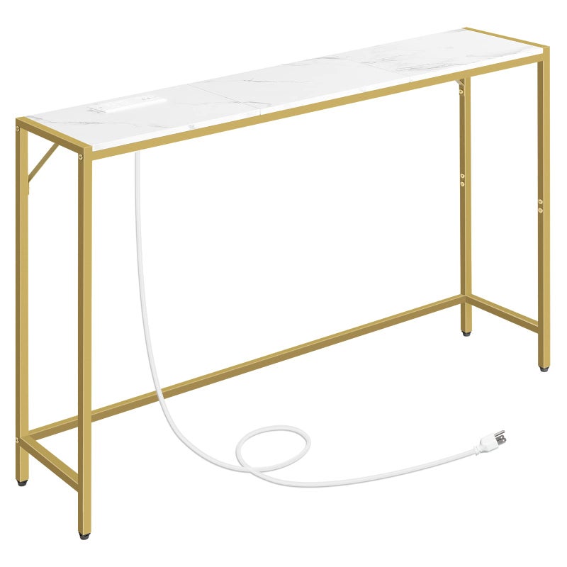 MAHANCRIS Console Table, Narrow Sofa Table, 43.3â€ Entrance Table with Power Station, Behind Couch Table, Simple Style, for Living Room, Hallway, Entryway, Foyer, Marble and Gold CTJM112E01 - Image 1