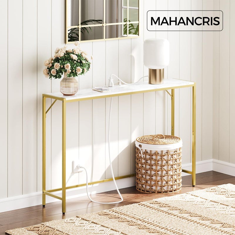 MAHANCRIS Console Table, Narrow Sofa Table, 43.3â€ Entrance Table with Power Station, Behind Couch Table, Simple Style, for Living Room, Hallway, Entryway, Foyer, Marble and Gold CTJM112E01 - Image 2