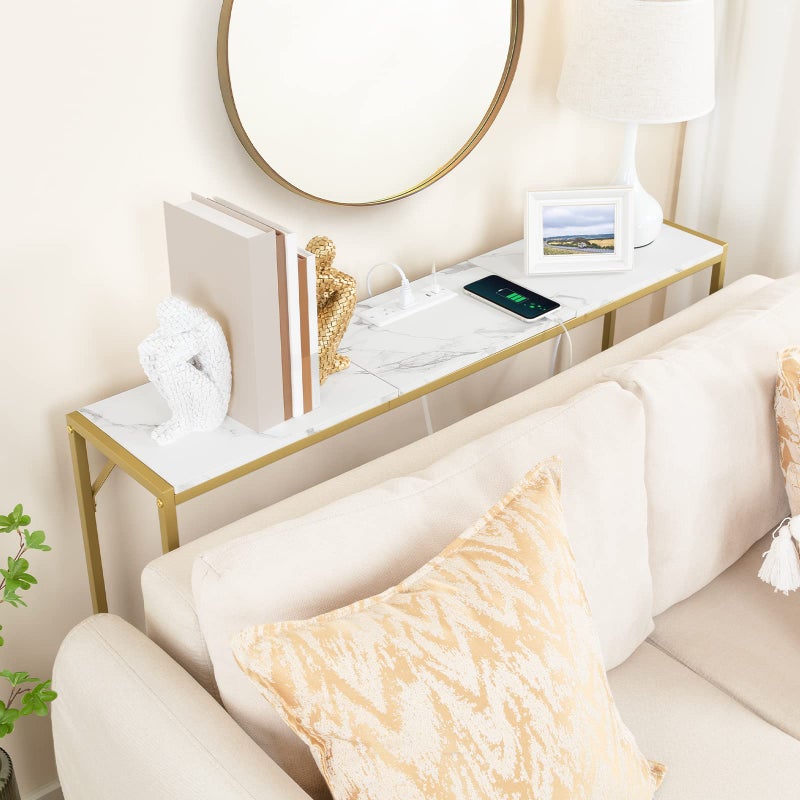 MAHANCRIS Console Table, Narrow Sofa Table, 43.3â€ Entrance Table with Power Station, Behind Couch Table, Simple Style, for Living Room, Hallway, Entryway, Foyer, Marble and Gold CTJM112E01 - Image 4