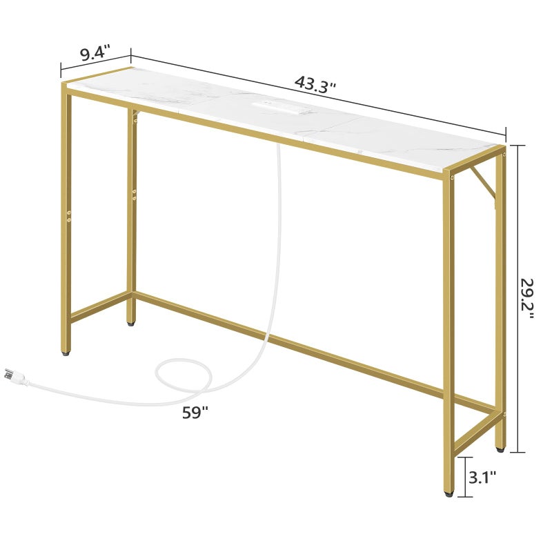 MAHANCRIS Console Table, Narrow Sofa Table, 43.3â€ Entrance Table with Power Station, Behind Couch Table, Simple Style, for Living Room, Hallway, Entryway, Foyer, Marble and Gold CTJM112E01 - Image 5