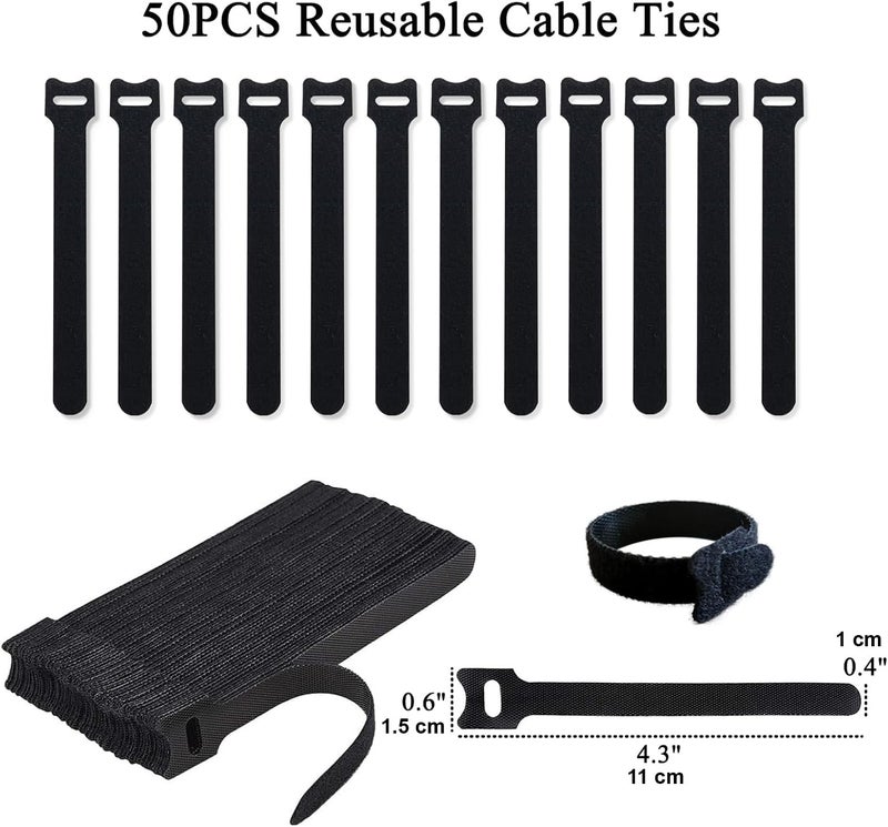 50pcs Cable Ties for Charging Cords, Reusable Fastener Straps Adjustable Hook and Loop Cord Straps 11cm (Black) - Image 2