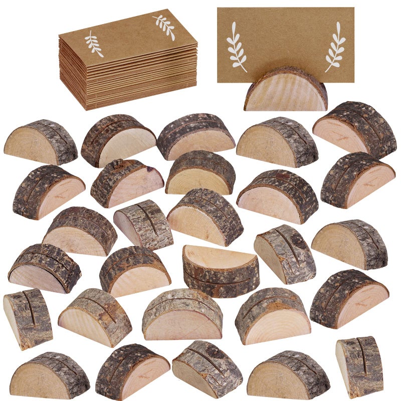 Winlyn 30 Pcs Rustic Wood Wedding Place Card Holders with 32 Pcs Kraft Tented Cards Half-Round Table Numbers Holder Stand Wooden Memo Holder Card Photo Picture Note Clip Holders Escort Card Holder - Image 1