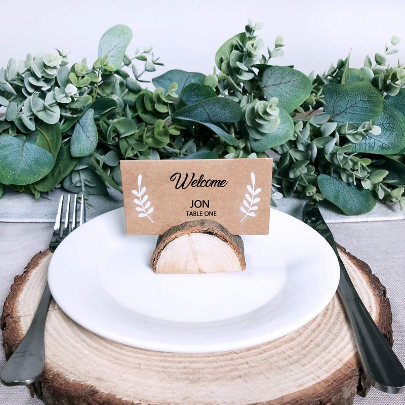 Winlyn 30 Pcs Rustic Wood Wedding Place Card Holders with 32 Pcs Kraft Tented Cards Half-Round Table Numbers Holder Stand Wooden Memo Holder Card Photo Picture Note Clip Holders Escort Card Holder - Image 4