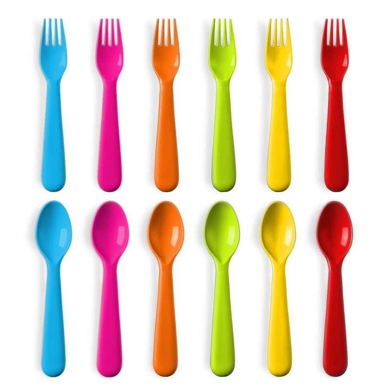 PLASKIDY Plastic Toddler Utensils Set of 12 Kids Utensils Forks and Spoons  BPA FREEDishwasher Safe Toddlers Silverware Set Brightly Colored Childrens Safe Flatware Cutlery Set