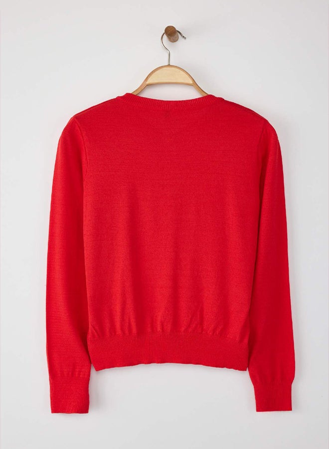 trendyol Wardrobe Essentials Red Premium Yarn Mercerized Look Crew Neck Knitwear Cardigan | - Image 5