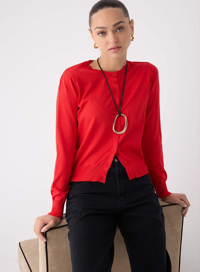 trendyol Wardrobe Essentials Red Premium Yarn Mercerized Look Crew Neck Knitwear Cardigan | - Image 1