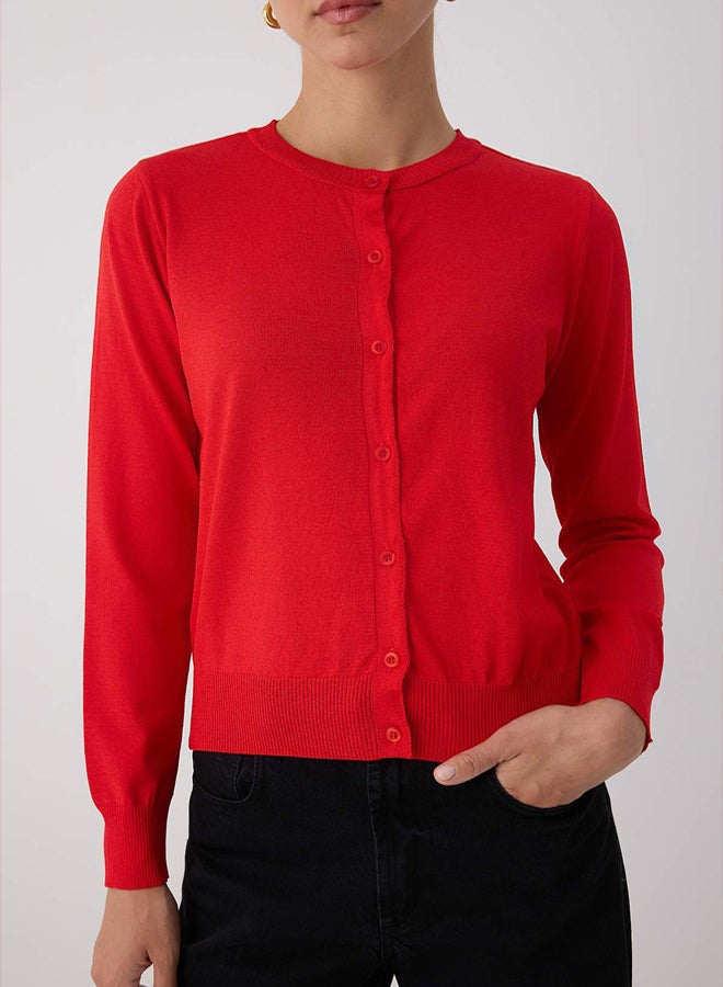 trendyol Wardrobe Essentials Red Premium Yarn Mercerized Look Crew Neck Knitwear Cardigan | - Image 3