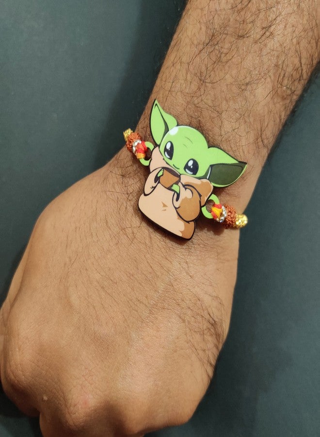 Bhai Please Baby Yoda Rakhi for Brother/Bhai/Bhaiya| Set of 1 pc with Roli/Kumkum- Chawal| Kids, Boys Designer, Fancy, Fun, Movie Wooden Rakhi Set| with Raksha Bandhan Greetings - Image 4