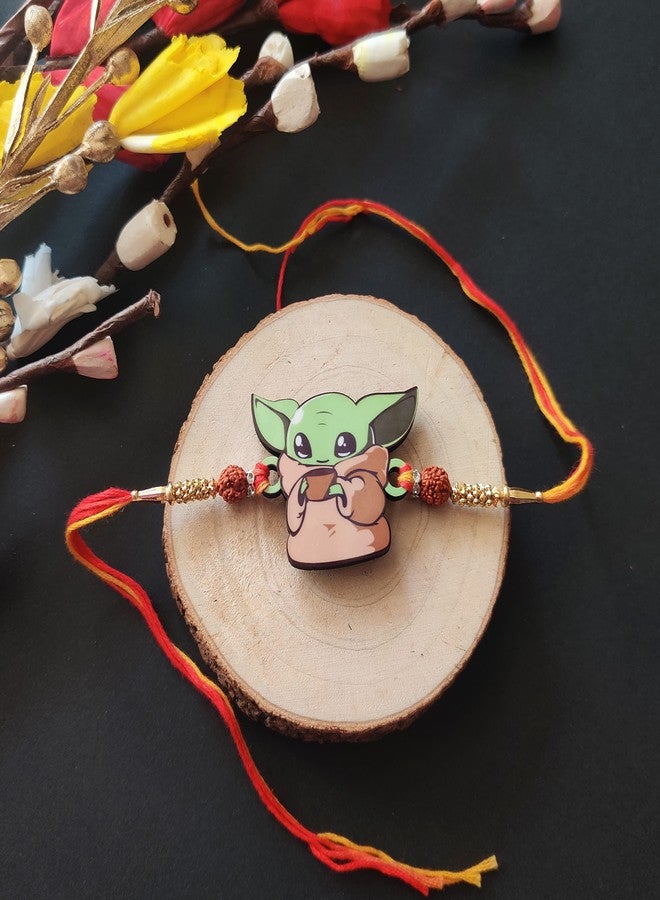 Bhai Please Baby Yoda Rakhi for Brother/Bhai/Bhaiya| Set of 1 pc with Roli/Kumkum- Chawal| Kids, Boys Designer, Fancy, Fun, Movie Wooden Rakhi Set| with Raksha Bandhan Greetings - Image 2