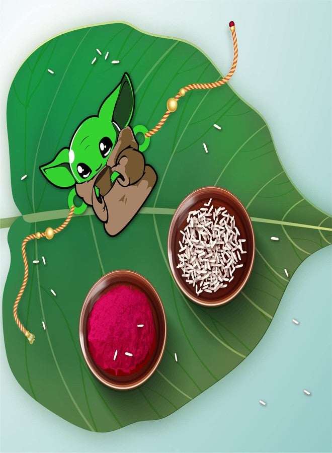 Bhai Please Baby Yoda Rakhi for Brother/Bhai/Bhaiya| Set of 1 pc with Roli/Kumkum- Chawal| Kids, Boys Designer, Fancy, Fun, Movie Wooden Rakhi Set| with Raksha Bandhan Greetings - Image 3
