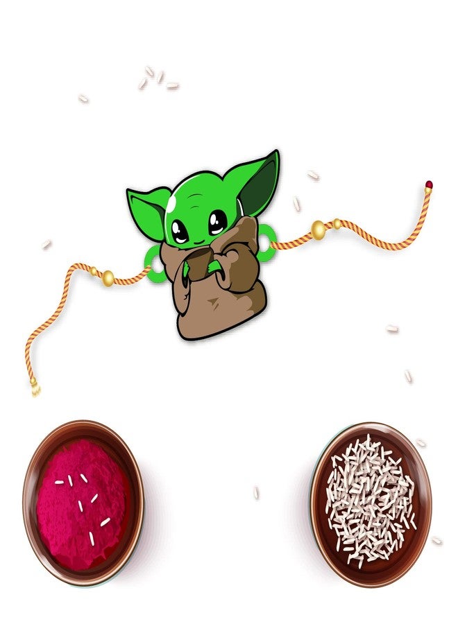 Bhai Please Baby Yoda Rakhi for Brother/Bhai/Bhaiya| Set of 1 pc with Roli/Kumkum- Chawal| Kids, Boys Designer, Fancy, Fun, Movie Wooden Rakhi Set| with Raksha Bandhan Greetings - Image 1