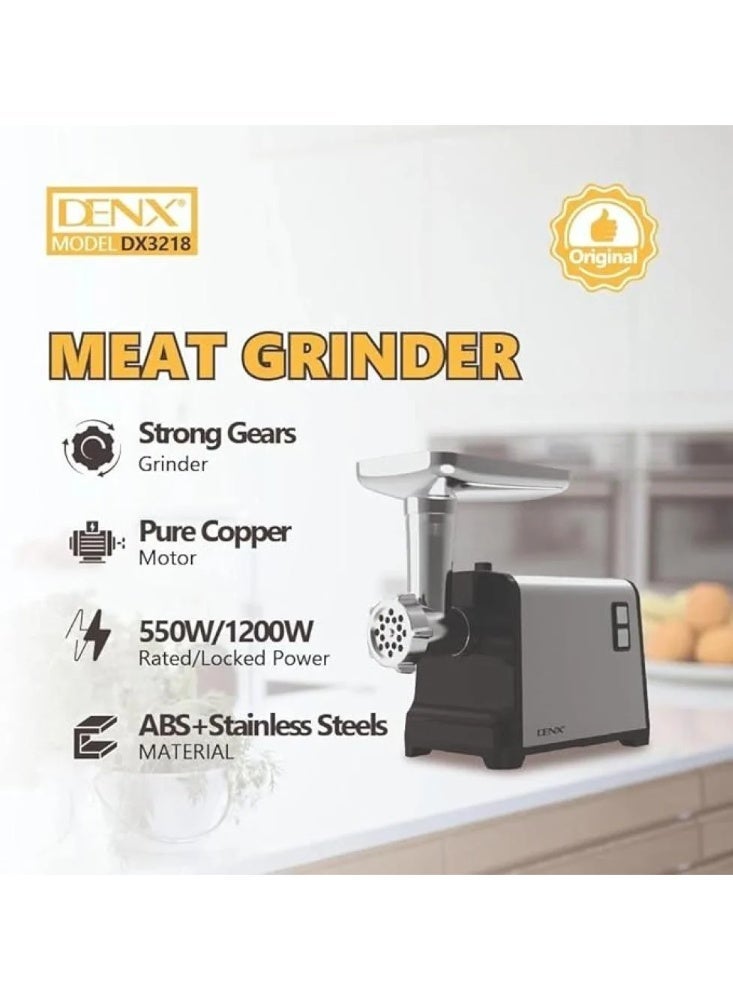 Denx DX3218 Electric Meat Grinder – 550W Motor (Up to 1200W Lock Power), Multiple Blades, Sausage & Kebab Attachments, Durable Stainless Steel Design - Image 1