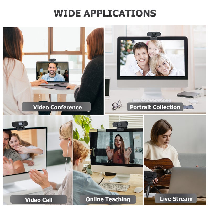 كاميرا ويب USB بدقة 4K: كاميرا ويب سوداء ذات تركيب ثابت وميكروفون مدمج لتقليل الضوضاء - عدسة قابلة للدوران بزاوية 360 درجة، قابلة للشحن والاستخدام الفوري للعمل من المنزل والتعلم عبر الإنترنت والكلمات المرئية - Image 2