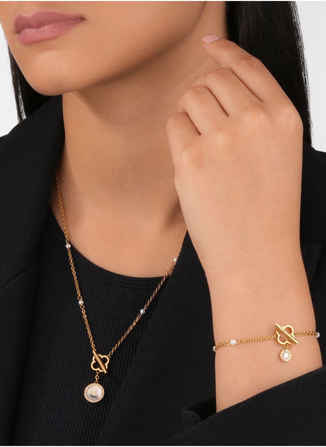 CERRUTI 1881 - Greta BraceletClassic Clover-Shaped Stud with T-Bar, Silver and Gold-Plated Elements, Pearl Drop - Image 1