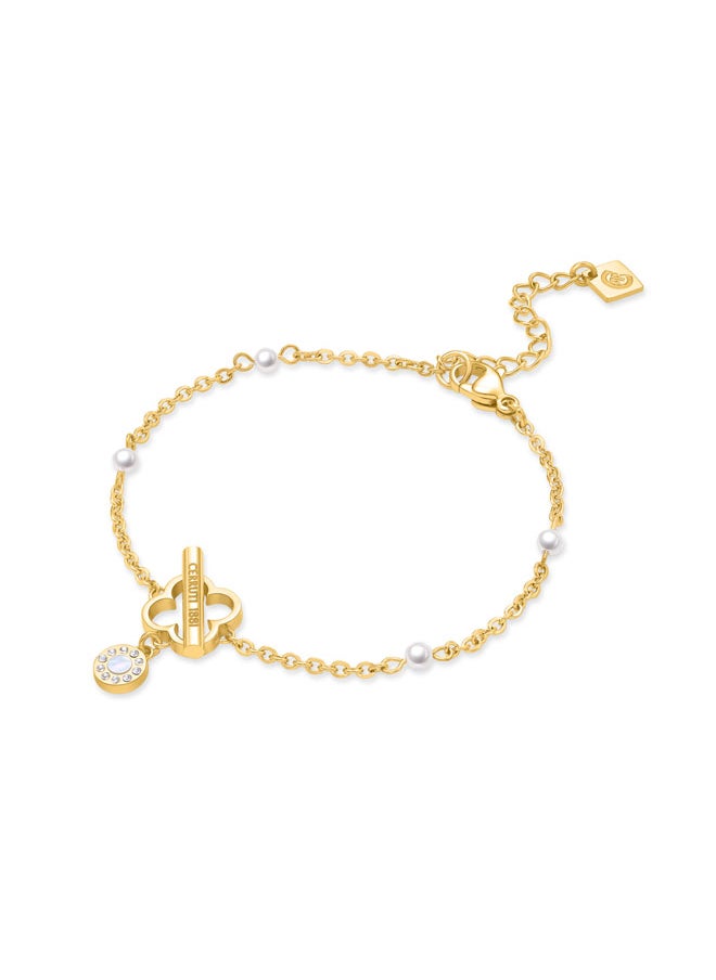 CERRUTI 1881 - Greta BraceletClassic Clover-Shaped Stud with T-Bar, Silver and Gold-Plated Elements, Pearl Drop - Image 1