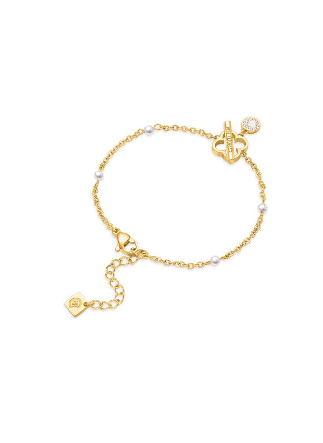 CERRUTI 1881 - Greta BraceletClassic Clover-Shaped Stud with T-Bar, Silver and Gold-Plated Elements, Pearl Drop - Image 1