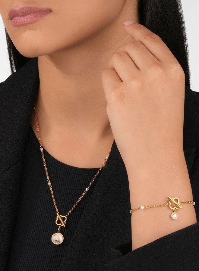 CERRUTI 1881 Greta BraceletClassic Clover-Shaped Stud with T-Bar, Silver and Gold-Plated Elements, Pearl Drop