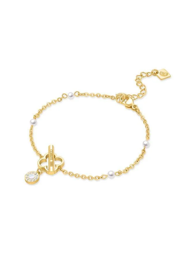 CERRUTI 1881 Greta BraceletClassic Clover-Shaped Stud with T-Bar, Silver and Gold-Plated Elements, Pearl Drop