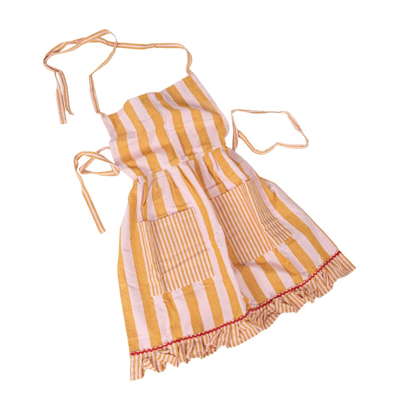 Creative Co-Op Woven Cotton Striped Apron with Ruffle, Pockets & Ric Rac Trim, Mustard & Pink - Image 1