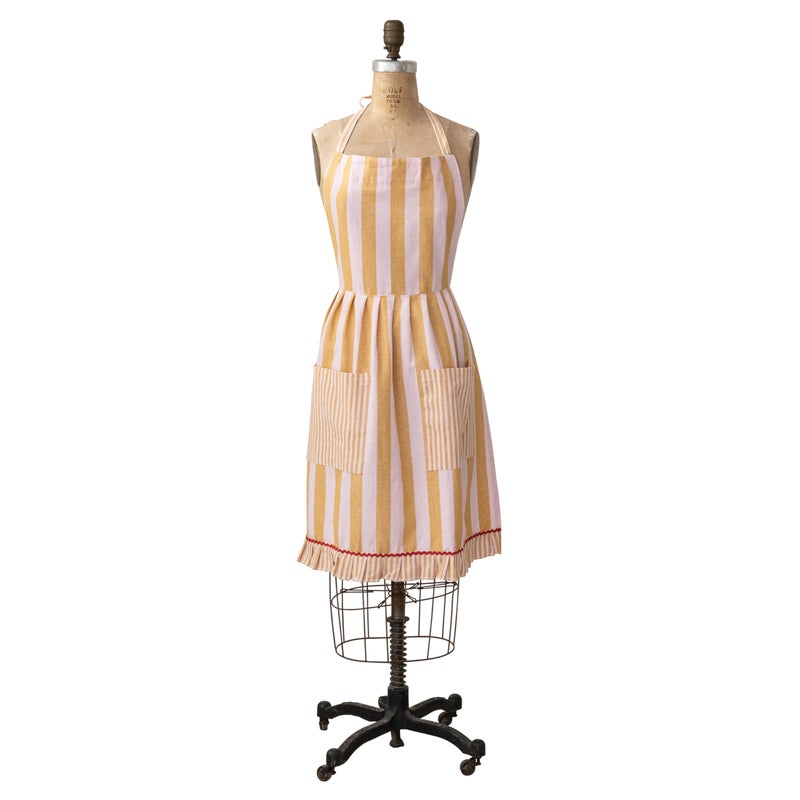 Creative Co-Op Woven Cotton Striped Apron with Ruffle, Pockets & Ric Rac Trim, Mustard & Pink - Image 3