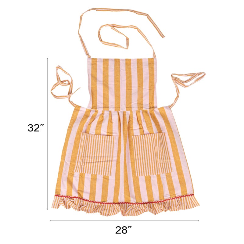 Creative Co-Op Woven Cotton Striped Apron with Ruffle, Pockets & Ric Rac Trim, Mustard & Pink - Image 2