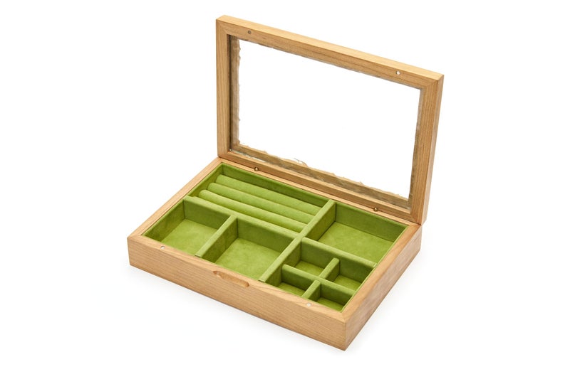 pandapark Wooden Jewelry Box with Glass Lid, Multi-Compartment Storage Display Case, Walnut Brown (Green Cherry) - Image 5