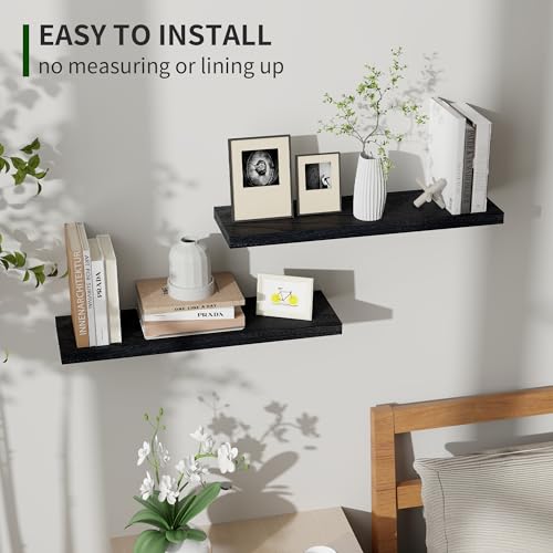 Marsmiles Wood Floating Shelves for Wall Set of 2, 24 Inch Wide Rustic Wooden Floating Shelves, Invisible Wall Mounted Display for Living Room Bedroom Kitchen Bathroom Office, Black - Image 4