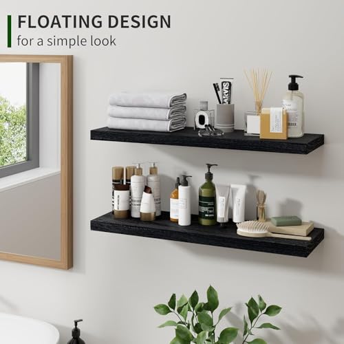 Marsmiles Wood Floating Shelves for Wall Set of 2, 24 Inch Wide Rustic Wooden Floating Shelves, Invisible Wall Mounted Display for Living Room Bedroom Kitchen Bathroom Office, Black - Image 2