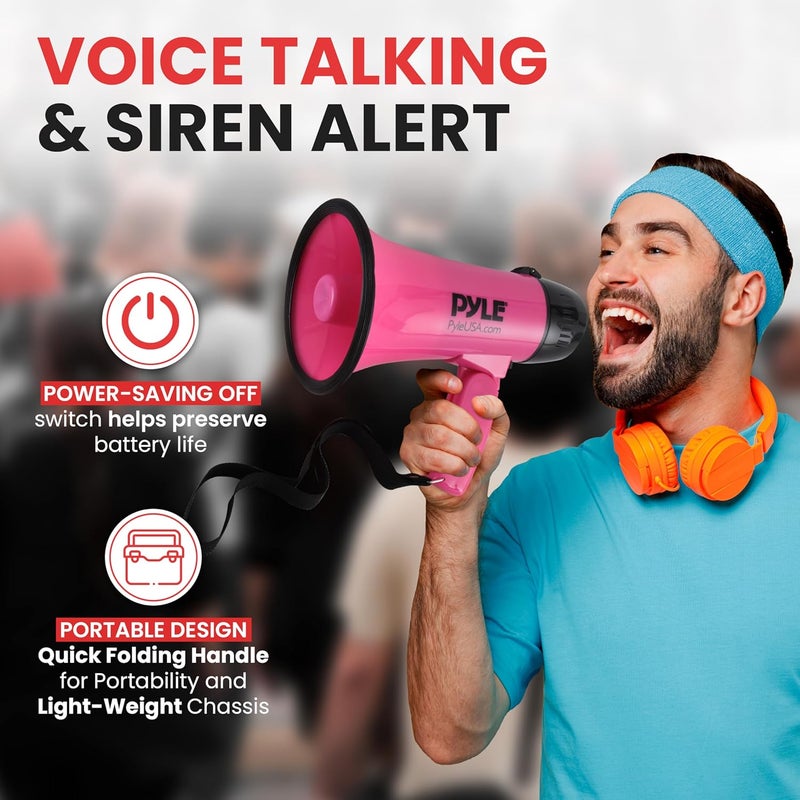 Pyle -برو مكبر صوت محمول مع صفارة - مدمج ويعمل بالبطارية بقوة 20 واط، ميكروفون، وضعين، صوت PA ومقبض قابل للطي للاستخدام في التشجيع والشرطة PMP24PK (وردي) - Image 2