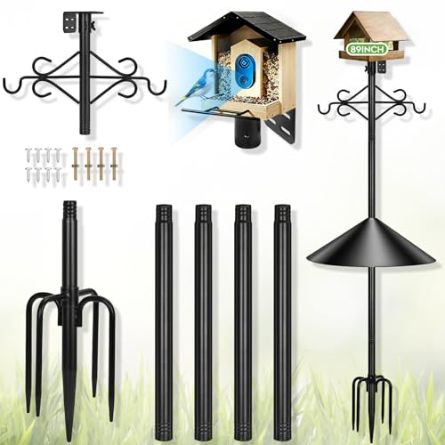 Gbekery 89 inch Double Hooks Heavy Duty Bird Feeder Pole with Squirrel Baffle for Outdoors5Prong Base Adjustable Bird House Pole for Smart Camera BirdfeederBluebird House - Image 1
