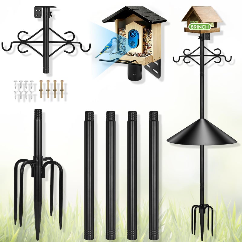 Gbekery 89 inch Double Hooks Heavy Duty Bird Feeder Pole with Squirrel Baffle for Outdoors5Prong Base Adjustable Bird House Pole for Smart Camera BirdfeederBluebird House - Image 2