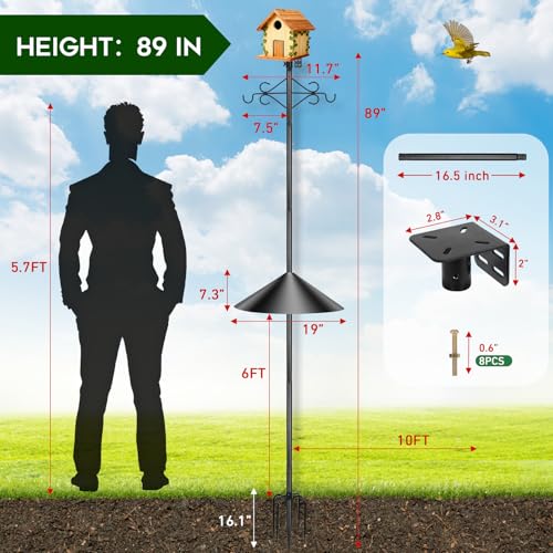 Gbekery 89 inch Double Hooks Heavy Duty Bird Feeder Pole with Squirrel Baffle for Outdoors5Prong Base Adjustable Bird House Pole for Smart Camera BirdfeederBluebird House - Image 3