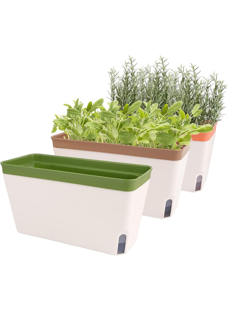 Relex 3PCS Self Watering Plant Pots,10.5 Inch Rectangular Windowsill Herb Planter Box with Drainage Hole Hidden Tray, Modern Plastic Flower Pots for Indoor, Outdoor, Garden, Office, Patio - Image 1