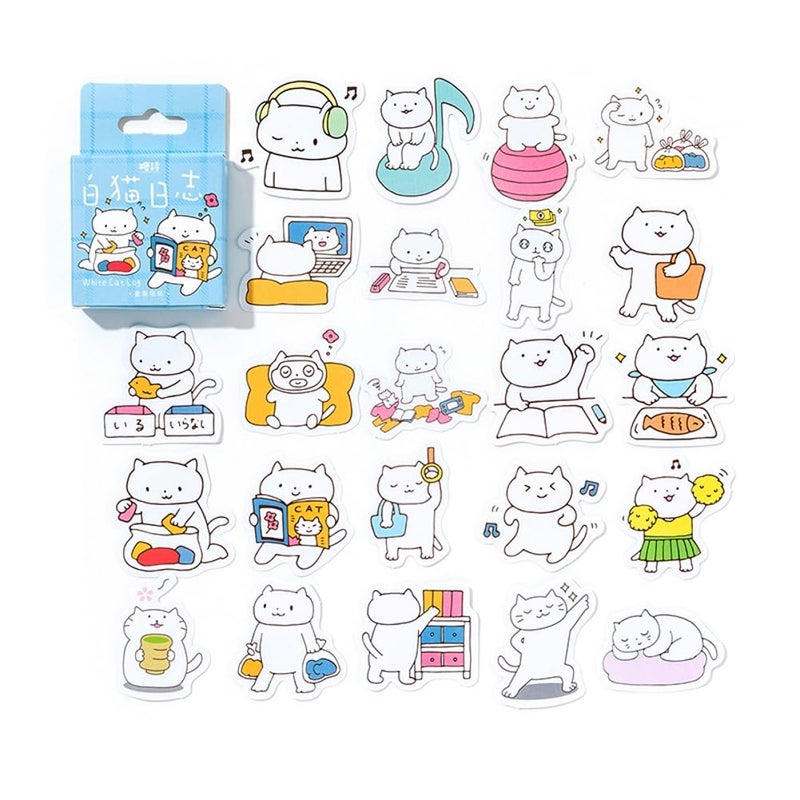 Obujopal 46 Pcs Small Cute White Cat Stickers for Scrapbooking Diary Laptop Junk Journal Notebook Kids Envelope Card Making Diary Planner Craft DIY Craft Decoration, 23 Patterns - Image 1