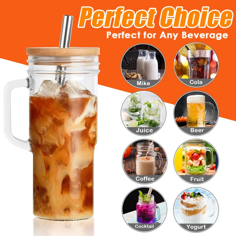 VasoArte 6 Pack Glass Tumbler Cups with Handle, 24oz Bubble Tea Cup with Bamboo Lid& Wide Straws,Reusable Mason Jars with Wide Mouth Iced Coffee Cup, Drinking Glasses for Smoothie,Bubble Tea - Image 5