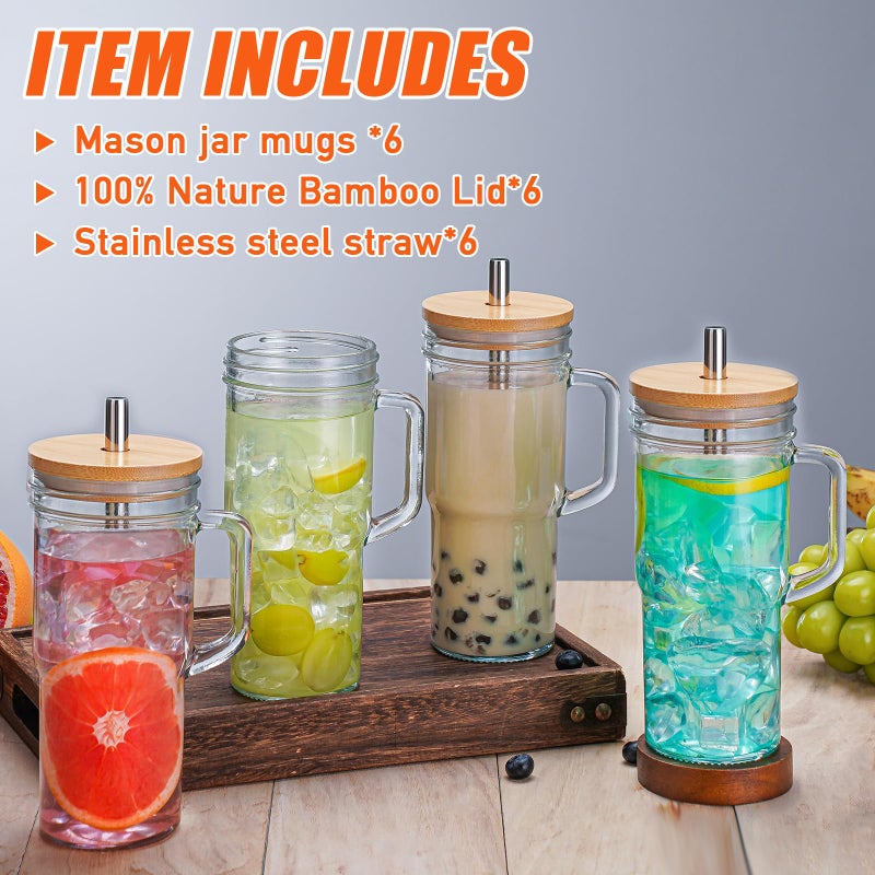 VasoArte 6 Pack Glass Tumbler Cups with Handle, 24oz Bubble Tea Cup with Bamboo Lid& Wide Straws,Reusable Mason Jars with Wide Mouth Iced Coffee Cup, Drinking Glasses for Smoothie,Bubble Tea - Image 3