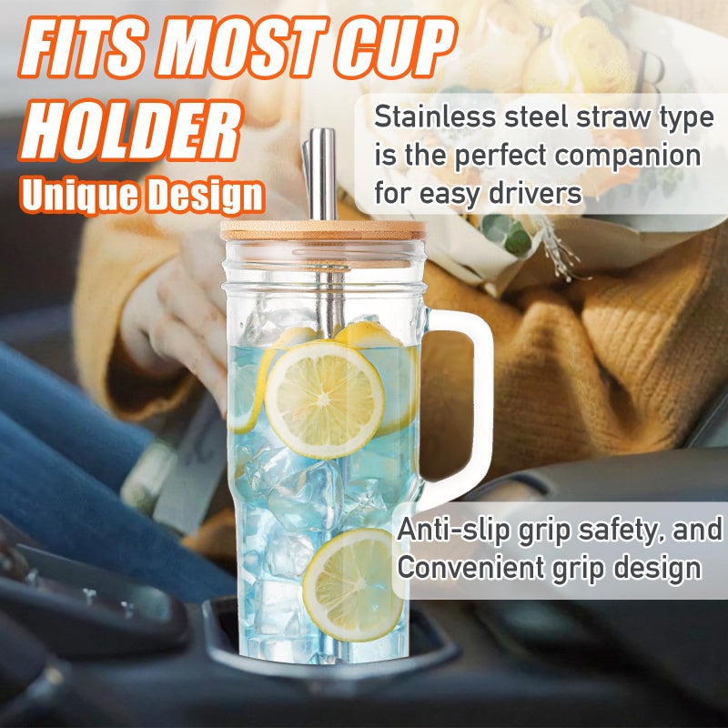 VasoArte 6 Pack Glass Tumbler Cups with Handle, 24oz Bubble Tea Cup with Bamboo Lid& Wide Straws,Reusable Mason Jars with Wide Mouth Iced Coffee Cup, Drinking Glasses for Smoothie,Bubble Tea - Image 4
