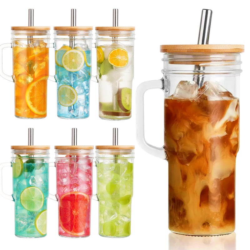 VasoArte 6 Pack Glass Tumbler Cups with Handle, 24oz Bubble Tea Cup with Bamboo Lid& Wide Straws,Reusable Mason Jars with Wide Mouth Iced Coffee Cup, Drinking Glasses for Smoothie,Bubble Tea - Image 1