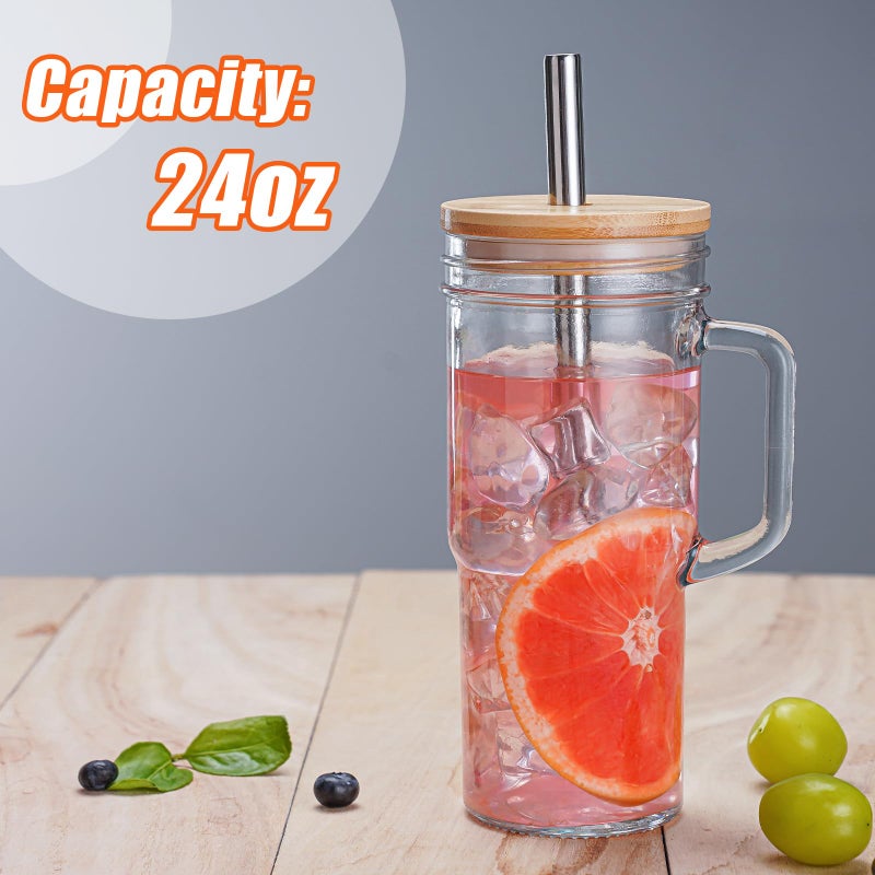 VasoArte 6 Pack Glass Tumbler Cups with Handle, 24oz Bubble Tea Cup with Bamboo Lid& Wide Straws,Reusable Mason Jars with Wide Mouth Iced Coffee Cup, Drinking Glasses for Smoothie,Bubble Tea - Image 2