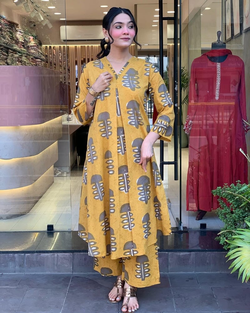 Toochki Kurti Set for Women | Anarkali Fit & Flared Kurtas for Women's | Cotton Kurtis for Woman | Kurta with Palazzo| Ethnic Salwar Suits Sets Yellow - Image 5