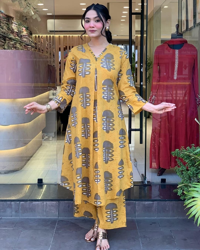 Toochki Kurti Set for Women | Anarkali Fit & Flared Kurtas for Women's | Cotton Kurtis for Woman | Kurta with Palazzo| Ethnic Salwar Suits Sets Yellow - Image 3