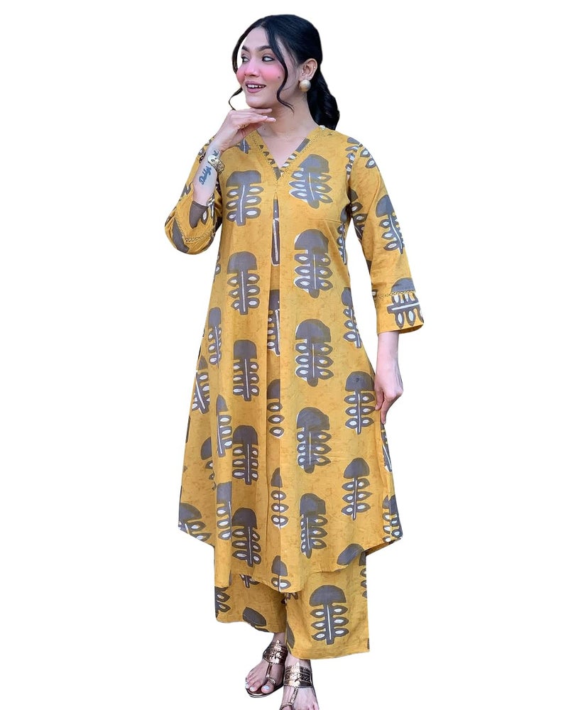 Toochki Kurti Set for Women | Anarkali Fit & Flared Kurtas for Women's | Cotton Kurtis for Woman | Kurta with Palazzo| Ethnic Salwar Suits Sets Yellow - Image 1