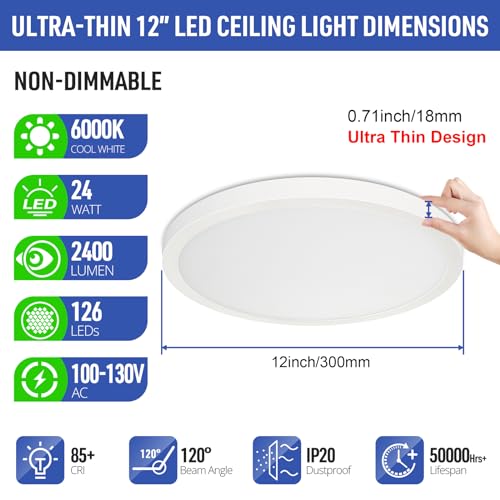 SunRider LED Flush Mount Ceiling Light Fixture, 6000K Cool White, 2400LM, 12 Inch 24W Modern Round Flat Lights, 240W Equiv. Panel Lamp, Non-Dimmable - Image 2