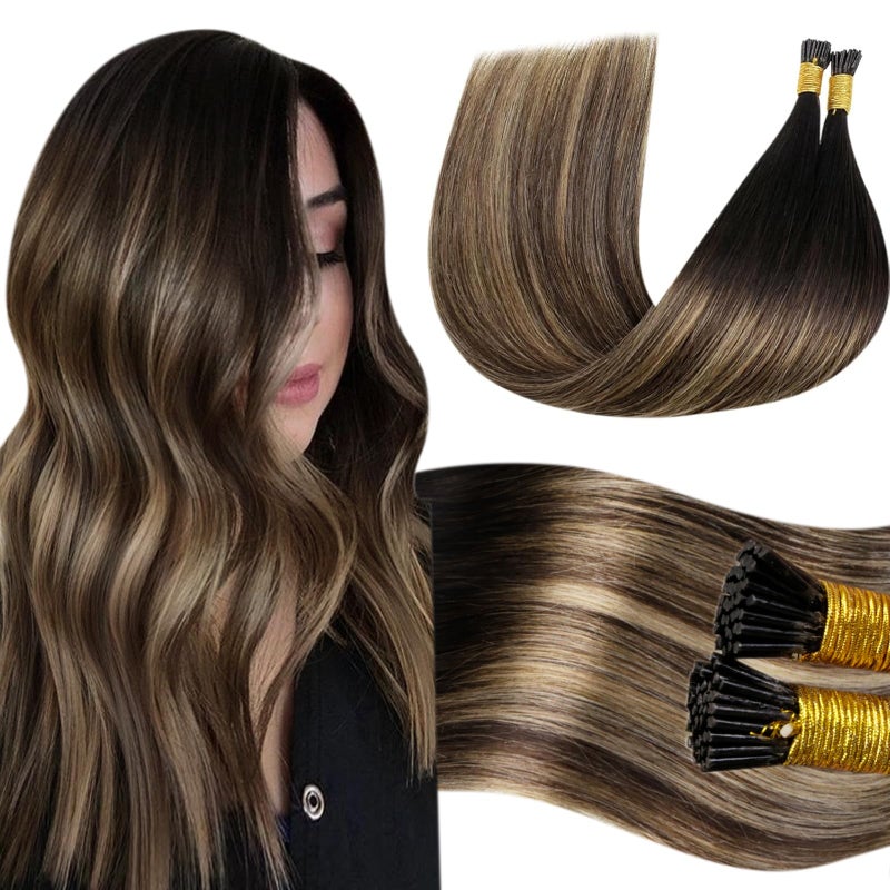LaaVoo I Tip Hair Extensions Human Hair Black I Tip Extensions Human Hair Balayage Natural Black to Medium Brown Ombre Caramel Brown Itip Human Hair Extensions for Black Women 18 Inch 50g 50s - Image 3