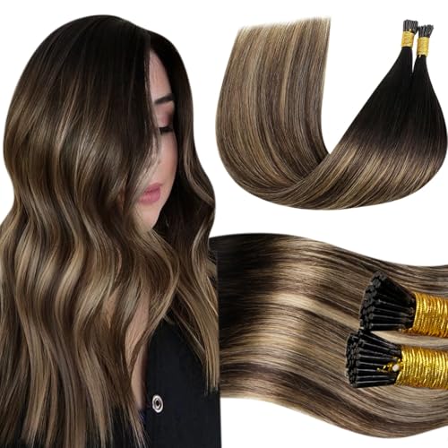 LaaVoo I Tip Hair Extensions Human Hair Black I Tip Extensions Human Hair Balayage Natural Black to Medium Brown Ombre Caramel Brown Itip Human Hair Extensions for Black Women 18 Inch 50g 50s - Image 1